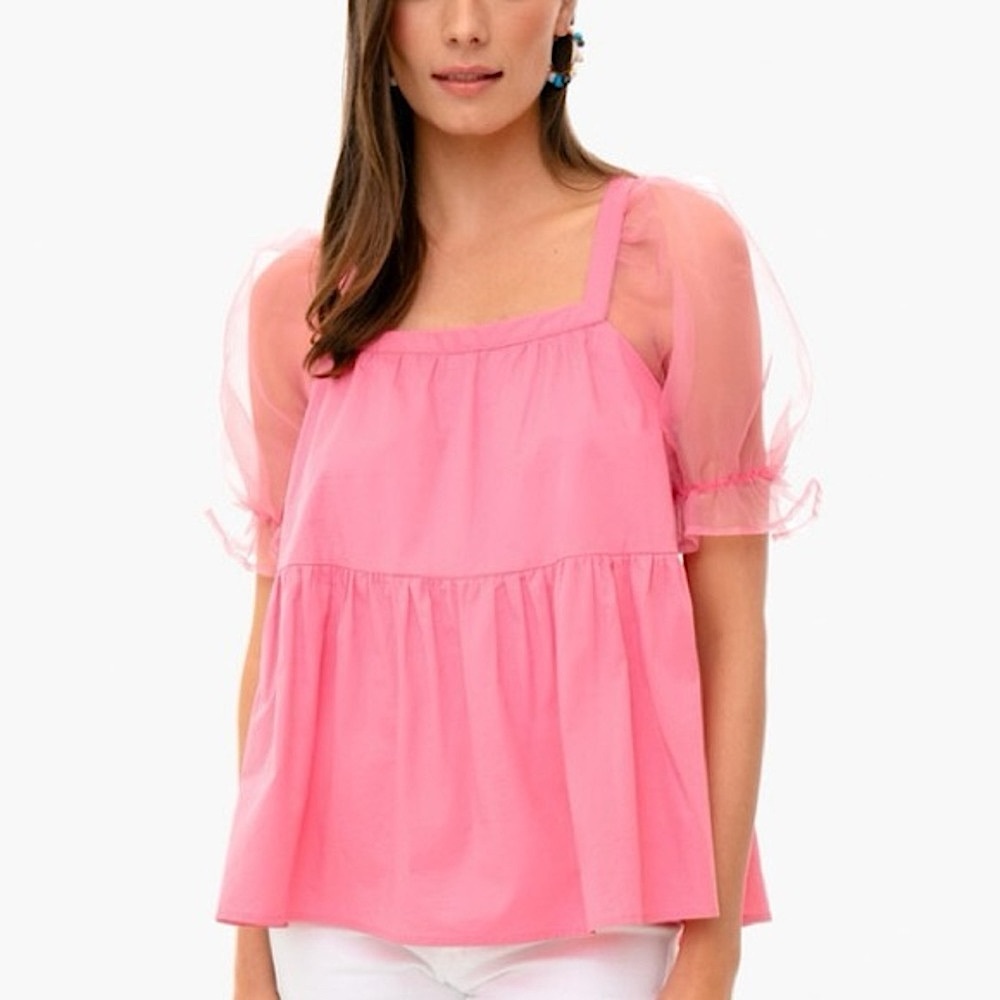 TUCKERNUCK Pomander Palace Pink Tinsley Top Sheer Puff Short Sleeve